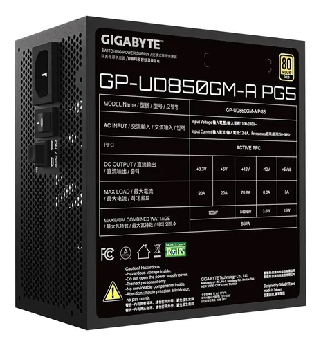 FUENTE GIGABYTE 850W 80 PLUS GOLD FULL MODULAR 5.1 NATIVO - Imagen 2